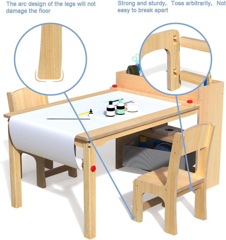 Kids Art Table Set with 2 Chairs, Solid Wood Legs, 150 lb Per Chair