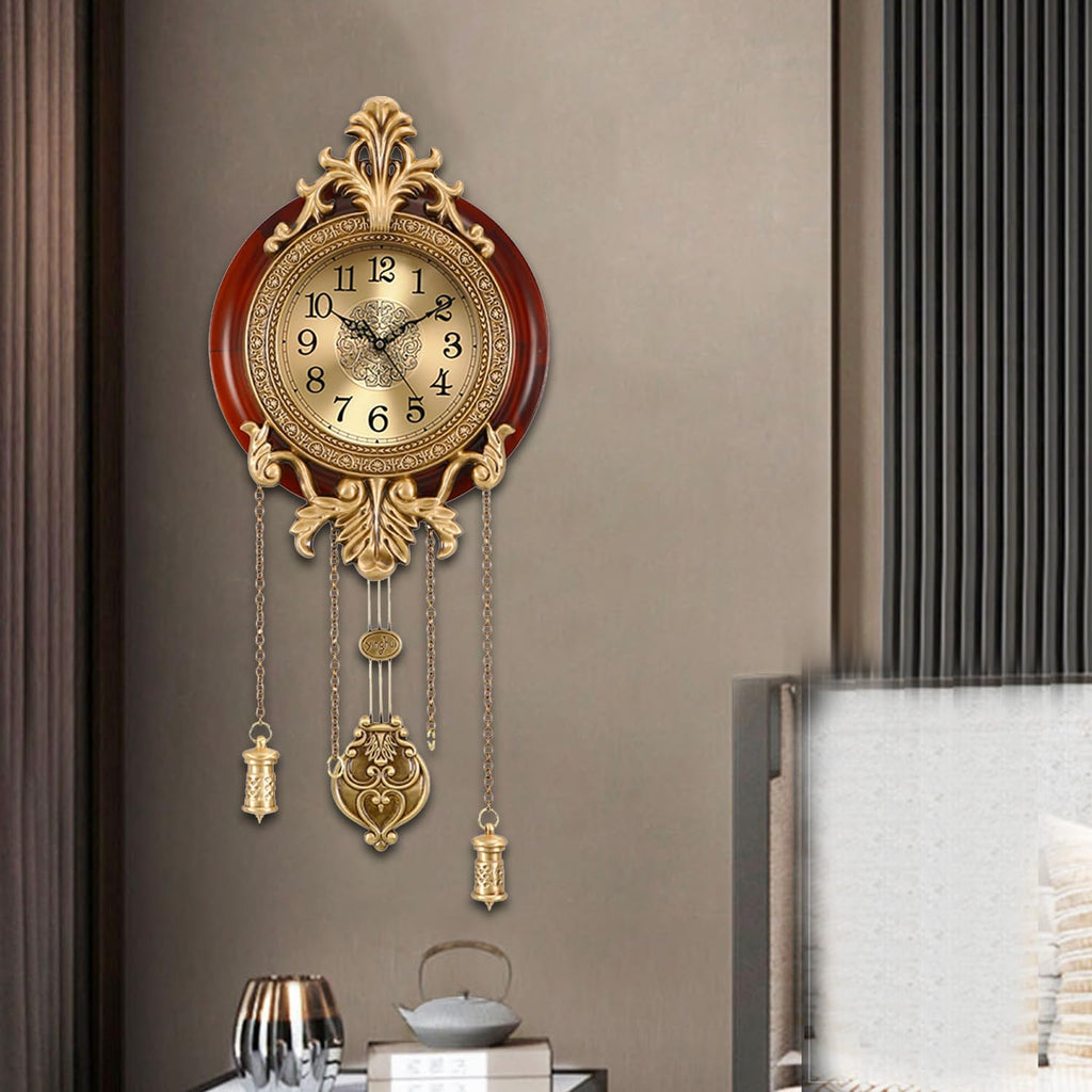 Brown Vintage Pendulum Wall Clock, Solid Wood Hanging Clock, Silent Non Ticking Quartz Movement, Analog Watch Kitchen