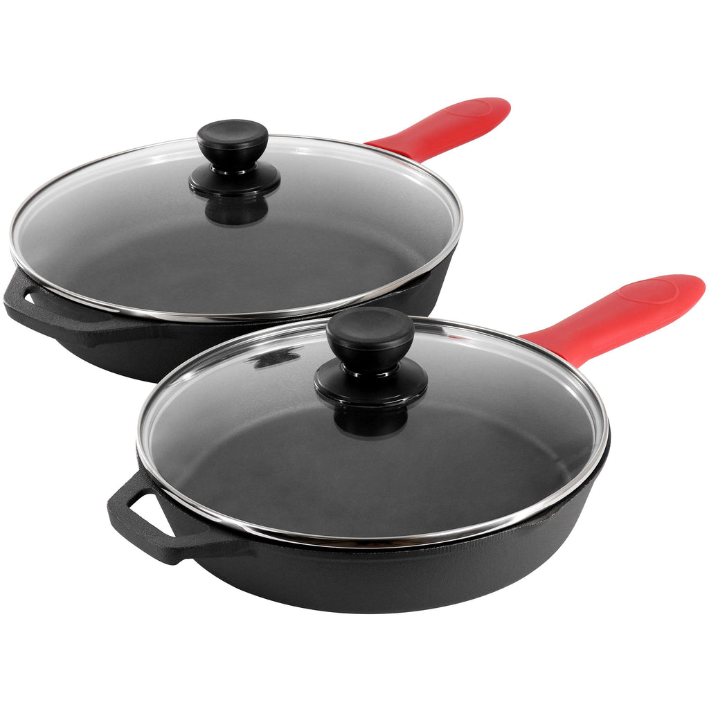 13 Piece Pre-Seasoned Cast Iron Skillet Set with Temperd Glass Lids and Silicone Holders