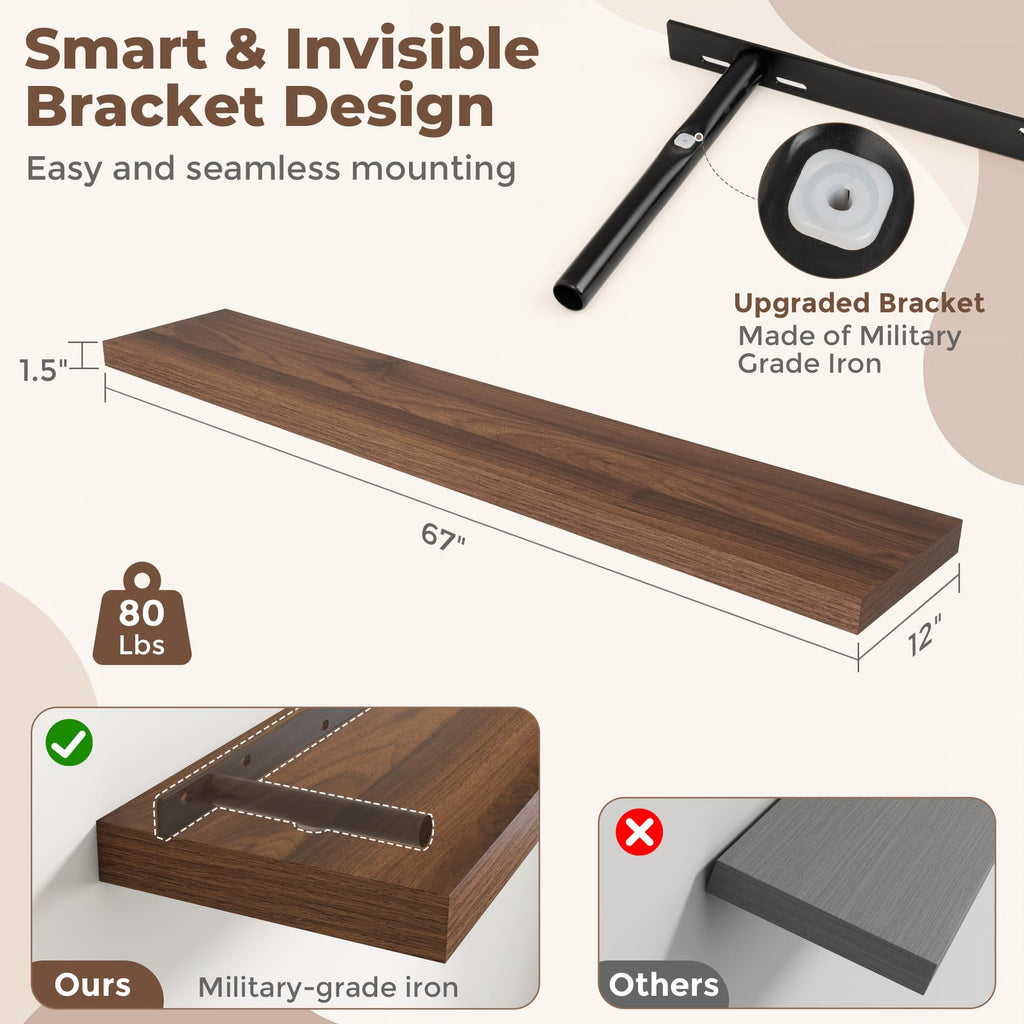 12 Inch Deep Floating Shelves, 67 Inch Long Extra Large Floating Shelves, Wall Shelves with Invisible Bracket
