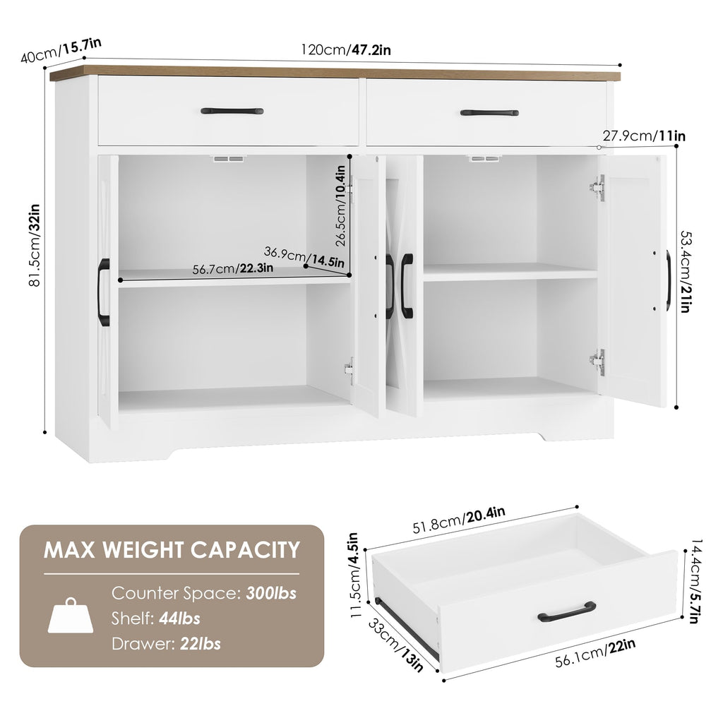 47" W Kitchen Sideboard Buffet Cabinet with Storage Drawers, White
