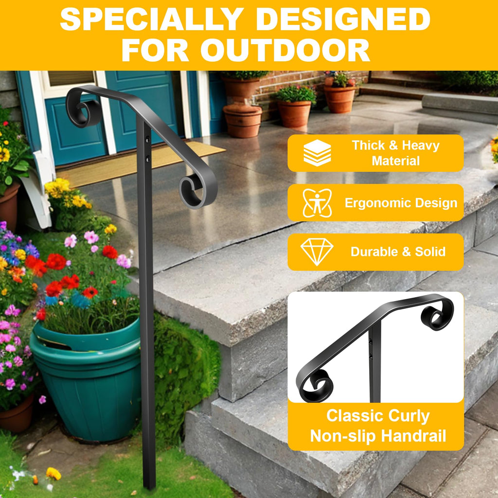 Single Post Handrail, 1 or 2 Steps Handrails for Outdoor Steps, Rust-Proof Wrought Iron Stair Railing in Ground for