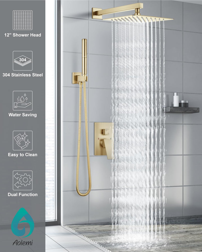 Shower System with Rain Head and Handheld,12-Inch,Brushed Gold