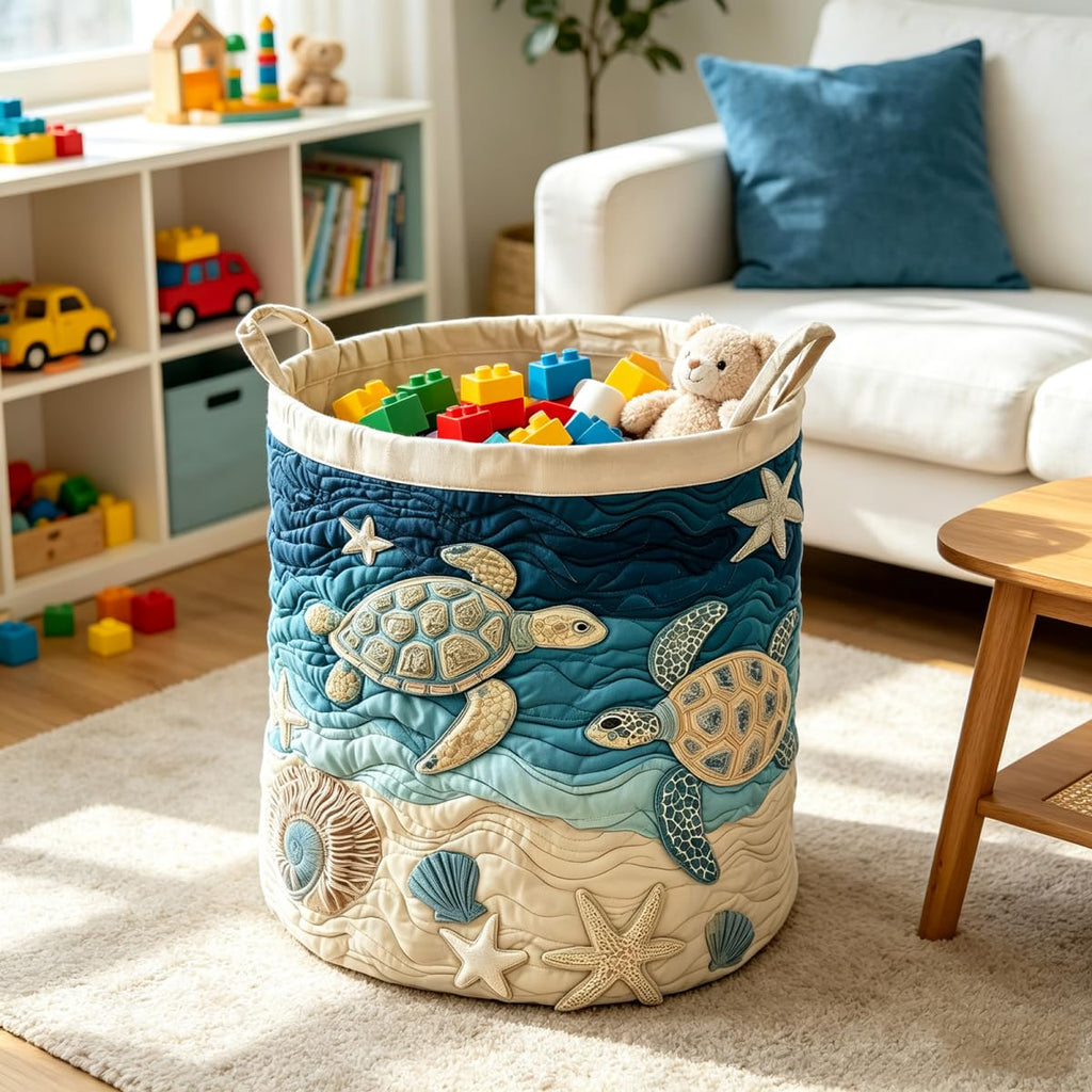 Sea Turtle Quilted Laundry Hamper Ocean Wave Starfish Boho Quilted Baskets