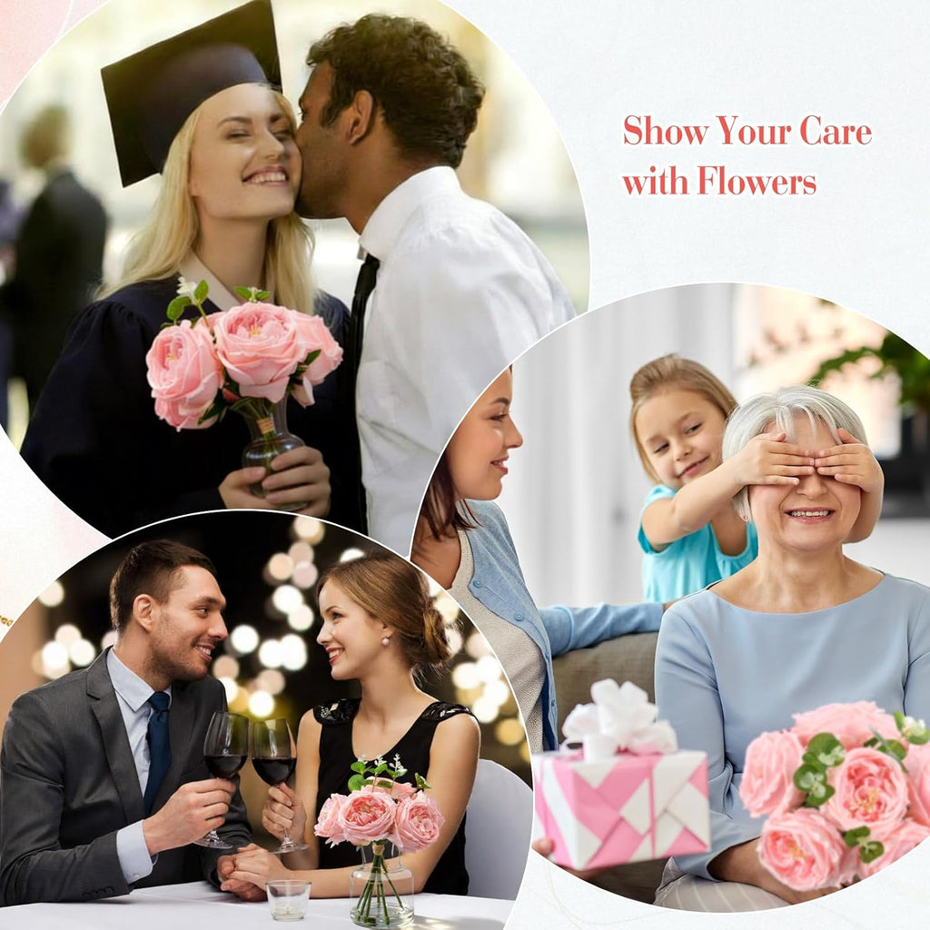 Real to Touch Penoies Artificial Flowers, Faux Austin Rose in Vase with Big Bloom and Fake Water Real Latex - Set of 6