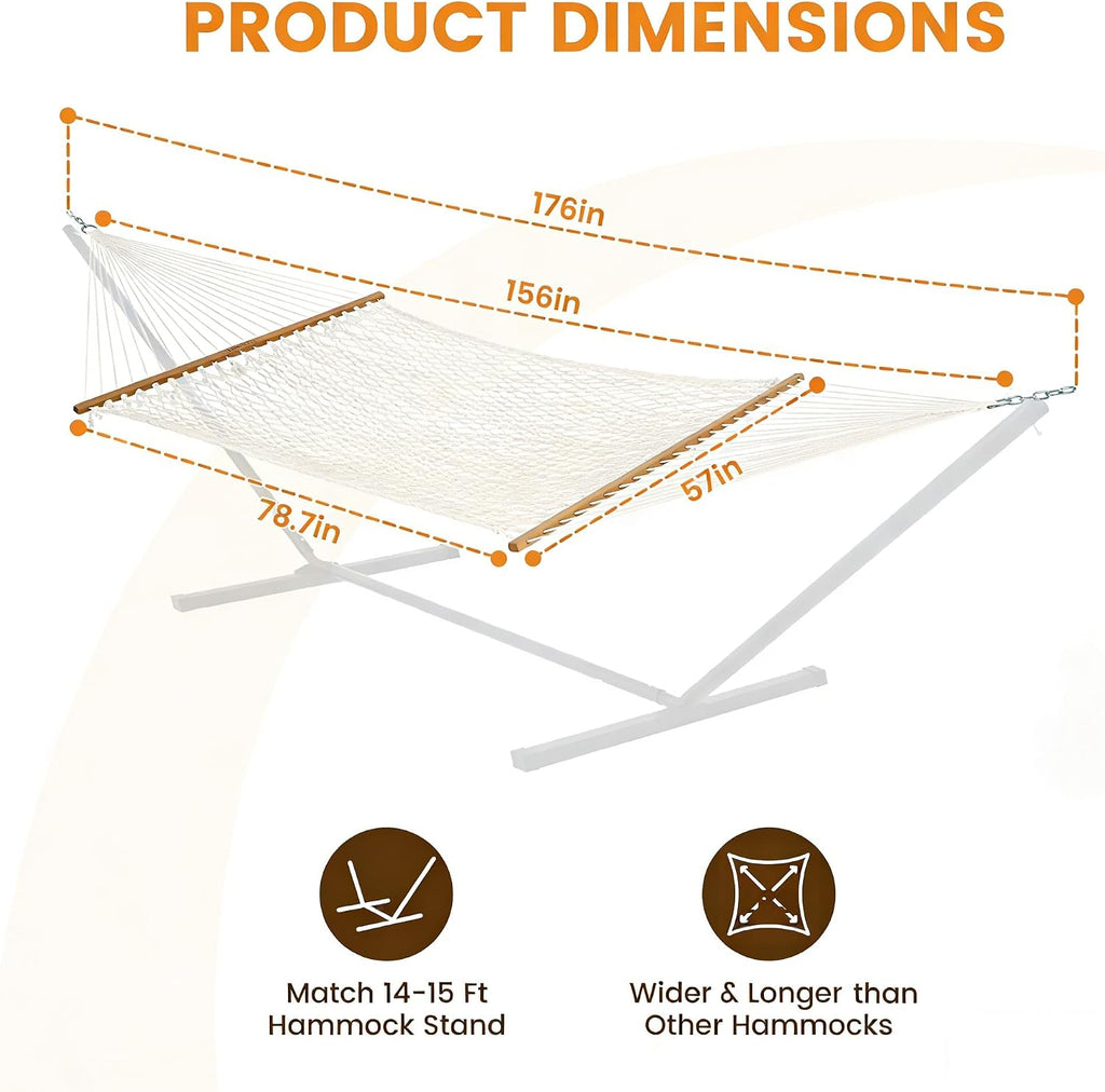 13-FT Polyester Rope Hammock, Double 2 Person Traditional Hand Woven Outdoor Hammock with Spreader Bar, Carabiners