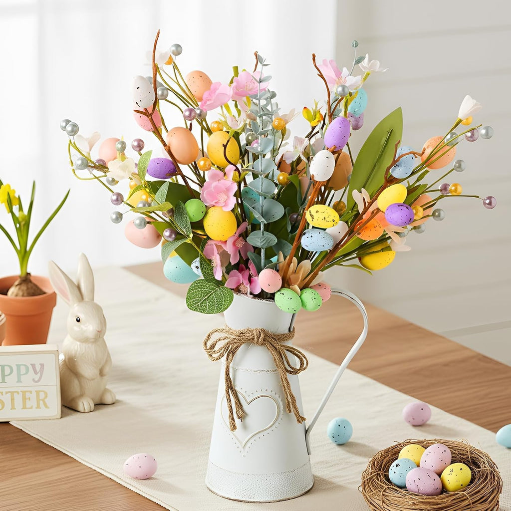 Easter Decorations: Rustic Easter Flowers Artificial Easter Eggs with Metal Pitcher Vase, Table Centerpieces Floral - Set of 17