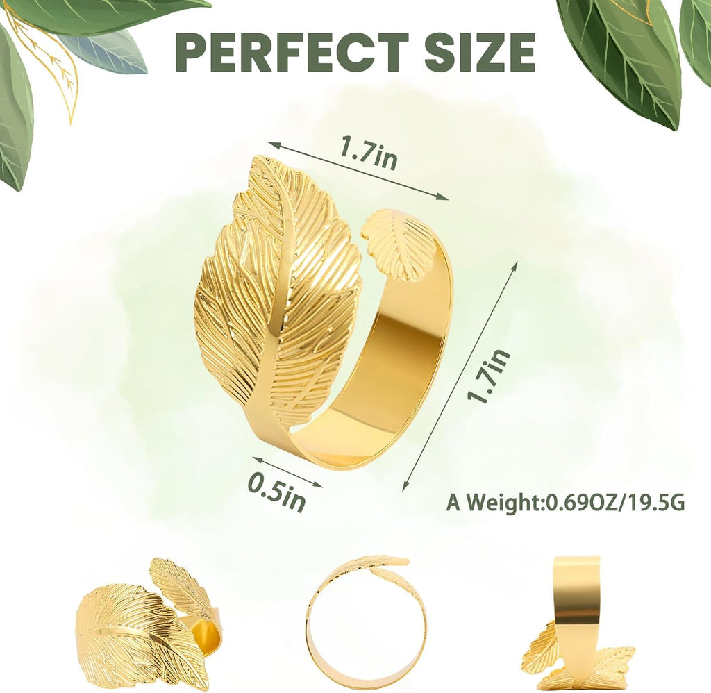 Gold Napkin Rings, Metal Leaf Bulk Napkin Rings, Cloth Napkin Holder Ring Dining Table Decorations - Set of 8