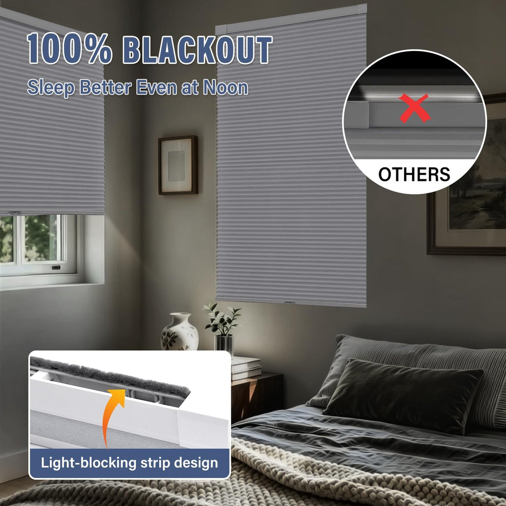 No Drill Cordless Blackout Cellular Shades, White | No Tools Honeycomb Blinds for Indoor Windows, Free-Stop Blackout