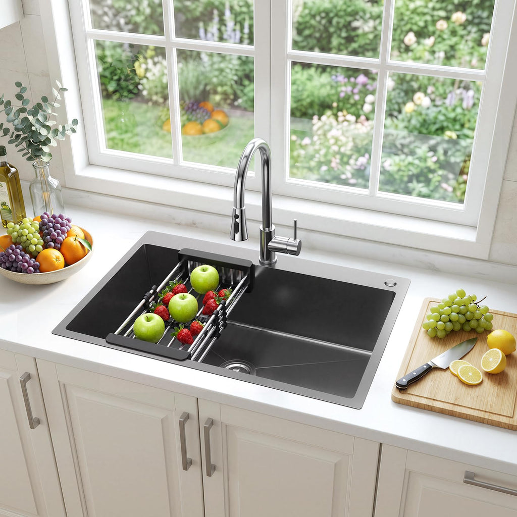 33"x19" Black Drop- Sink | Topmount Single Bowl Kitchen Sink, 9" Deep Stainless Steel Modern Kitchen Sinks with Nano