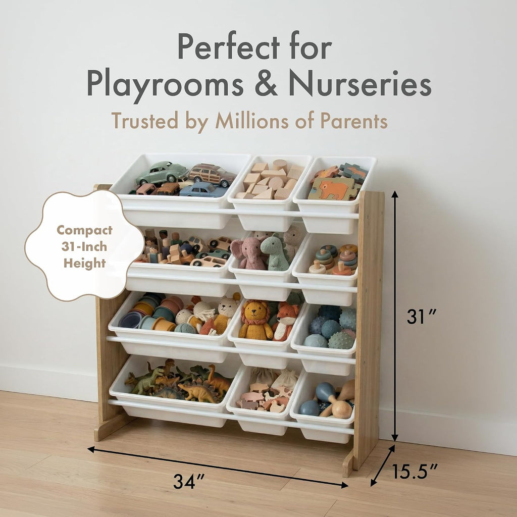 Kids Toy Organizer with 12 Bins, 4 Tier Storage | Sturdy wood and steel toddler shelf, removable BPA-free containers