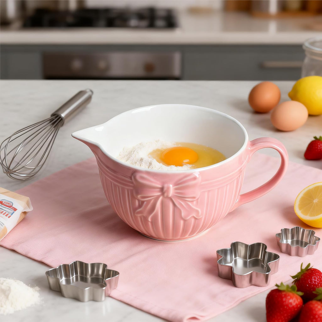 Bow Embossed Ceramic Mixing Bowl, 1 Quart Batter Bowl with Pouring Spout and Handle