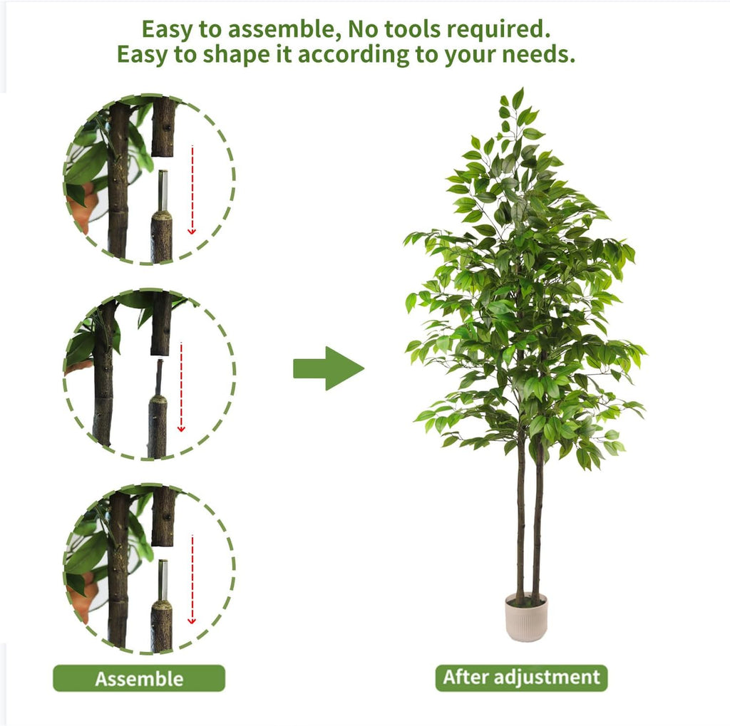 Artificial Ficus Tree 6FT Tall, Artificial Plants Indoor with White Planter Faux Ficus Tree Realistic Faux Silk Plant