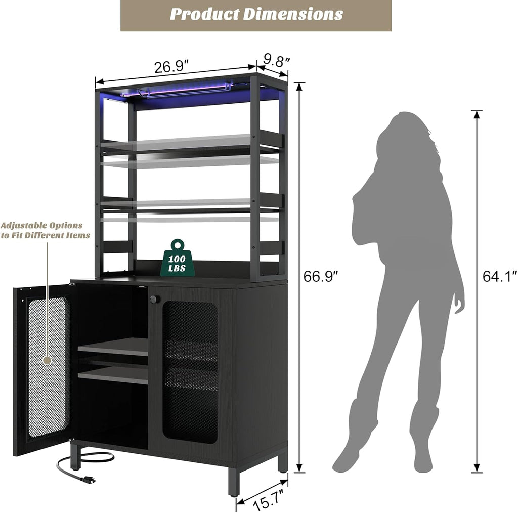 Bar Cabinet with Power Outlets, 67" Tall Wine Bar Cabinet, Black | Liquor Cabinets with LED Lights and Glass Holder