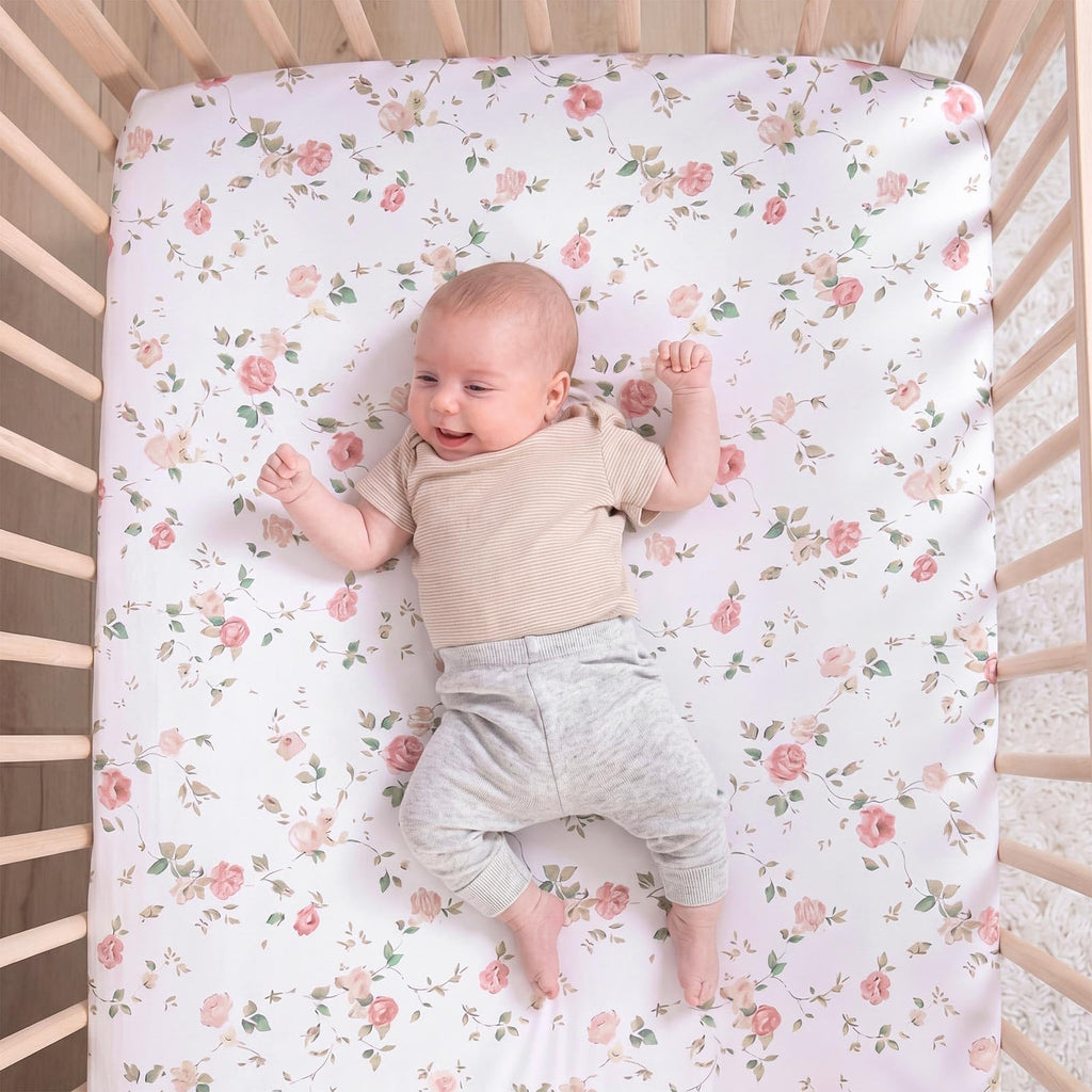 3 Pcs Pink Floral Crib Bedding Set for Baby Girls, Ruffle Design