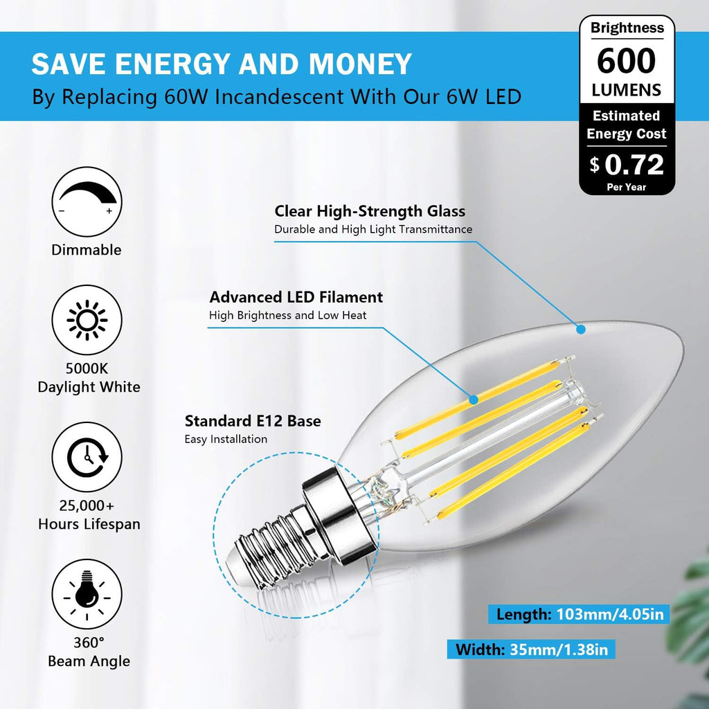 Dimmable E12 LED Candelabra Bulbs 60W Equivalent, 5000K