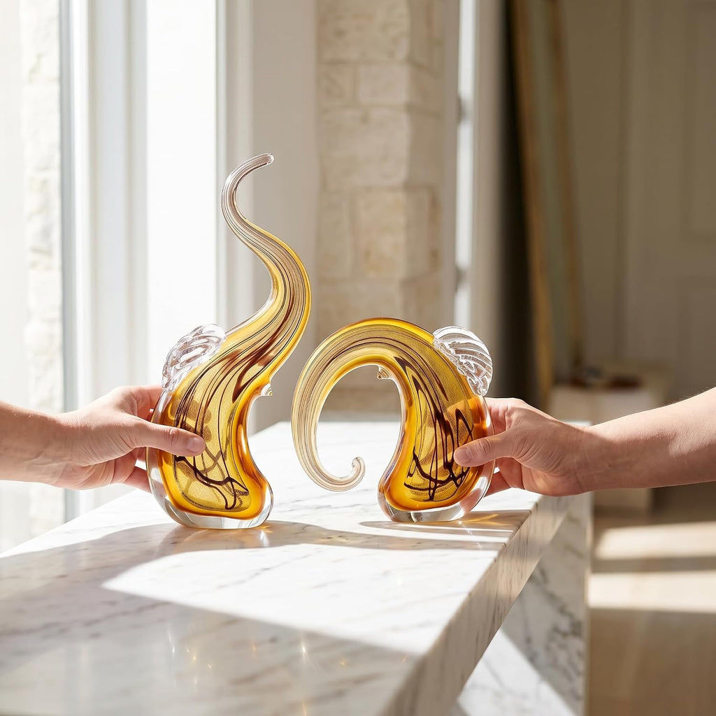 Hand Blown Elephant Statues Set - Luxury Sculptures Home Decor Art Glass Ornament Animal Collectible (Gold) - Set of 2
