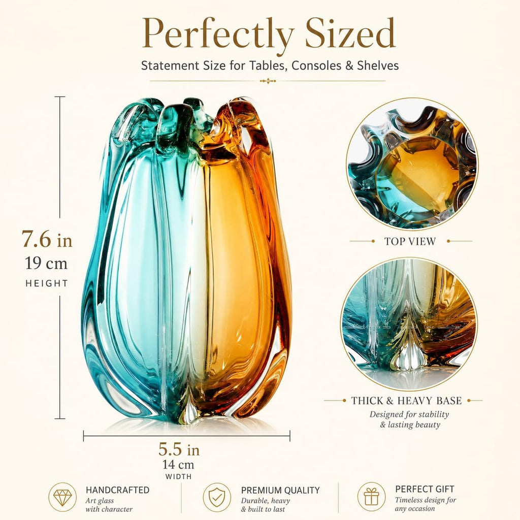 Hand Blown Art Glass Vase for Decor,Heavy Large Wide Mouth Flower Vase,Art Deco Murano Style Teal Amber Living Room