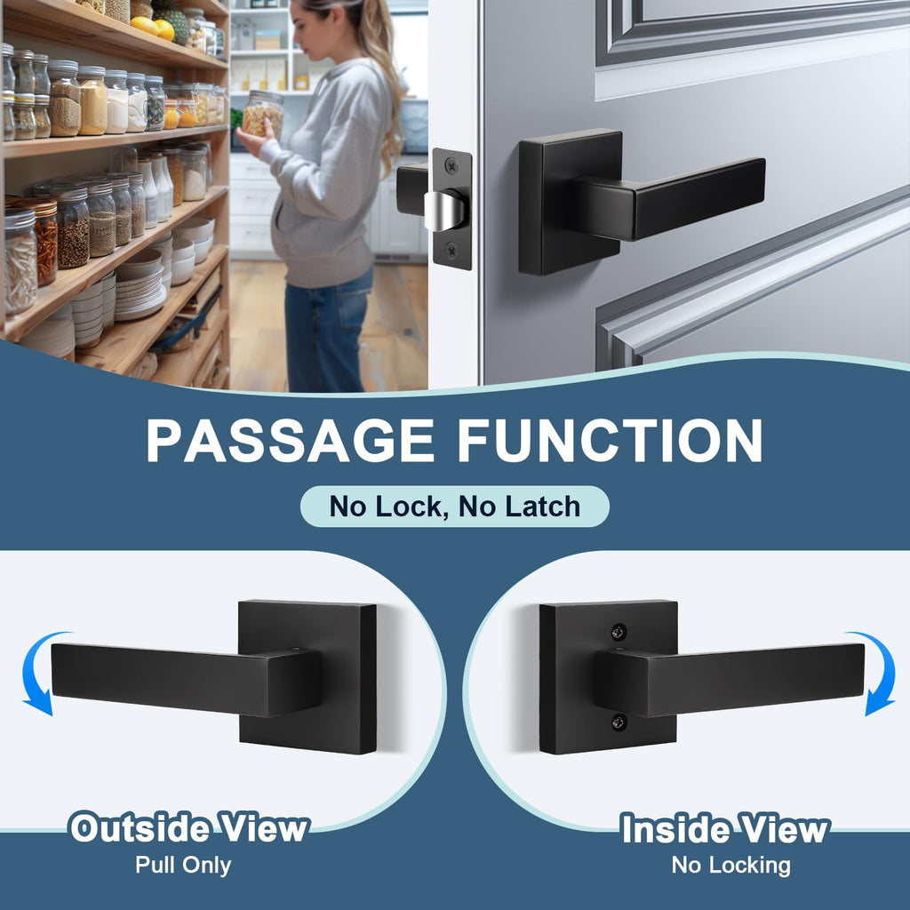 8 Pack Interior Door Handles Matte Black Modern Square Door Handle Knobs Classic No-Locking Passage Door Levers(No