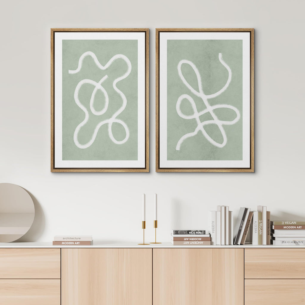 Framed Wall Art Print Set White Line Over Contrasting Green Background Abstract Swirly Digital Art Modern Art