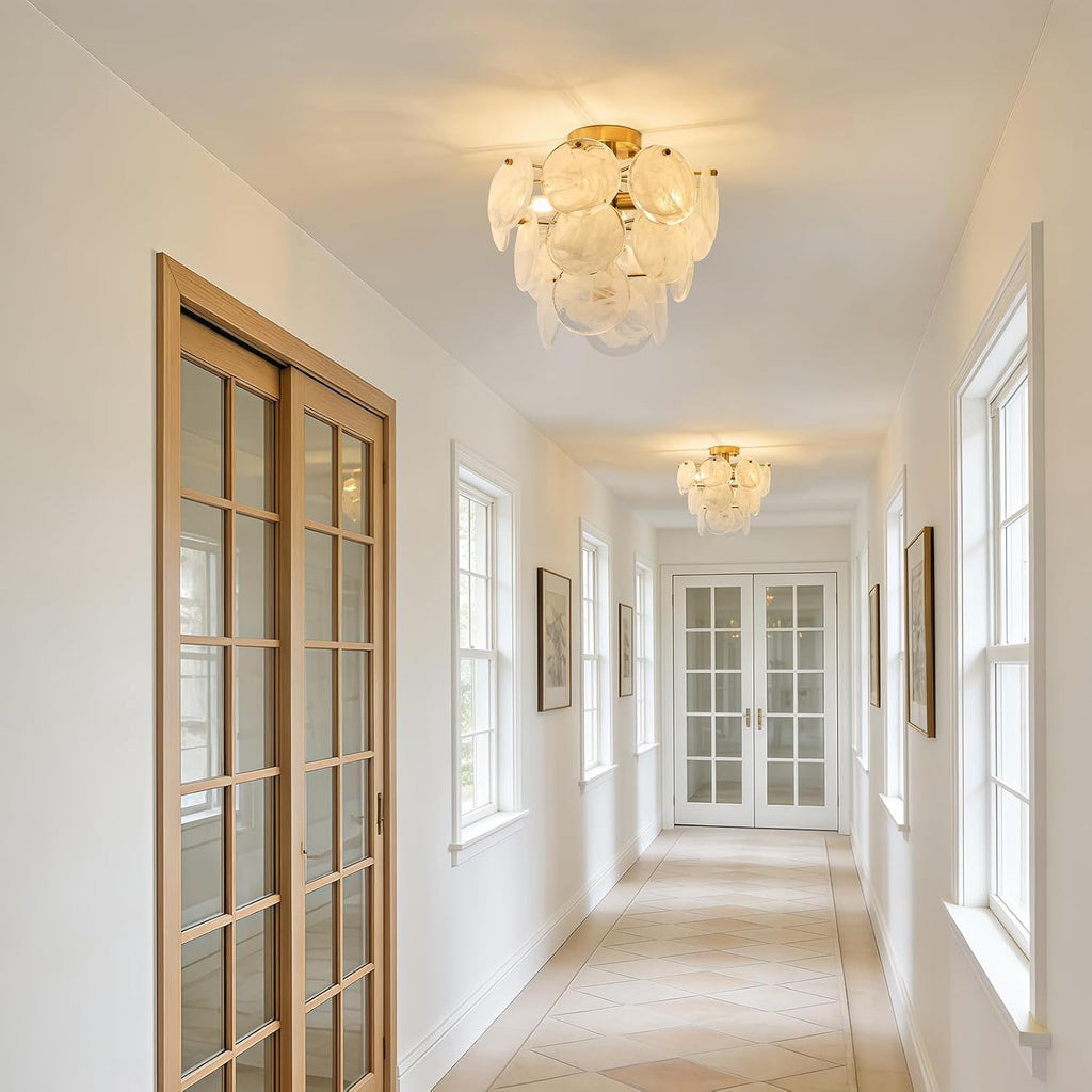 15" Brass Gold Semi Flush Mount Ceiling Light,13 lb Sturdy Vintage Flush Mount Chandelier with Unique Cloud Glass, 4