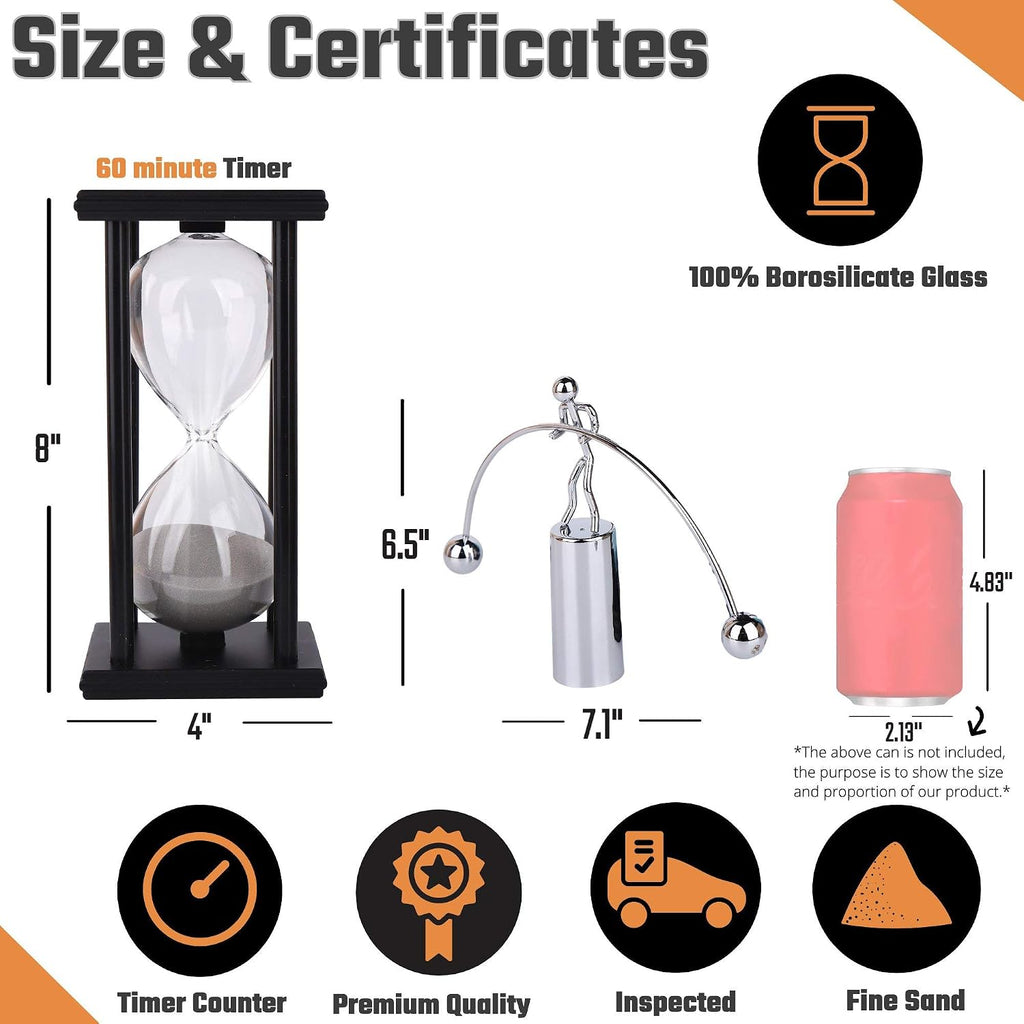 Decorative Sand Timer Clock Hourglass -with Balance Physics Motion Desk Toy Sculpture -(Light Gray) 60 Minute - Set of 2