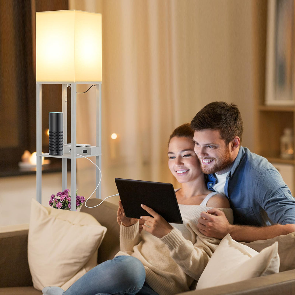 Shelf Floor Lamp with Wireless Charger, USB, Type C, AC Port, Grey