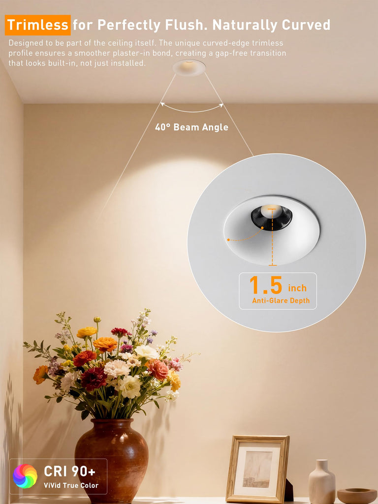 [6 Pack] 3 Inch Trimless Recessed LED Lights with Junction Box,2700-5000K Selectable,Narrow Frame Smooth Trim,9W