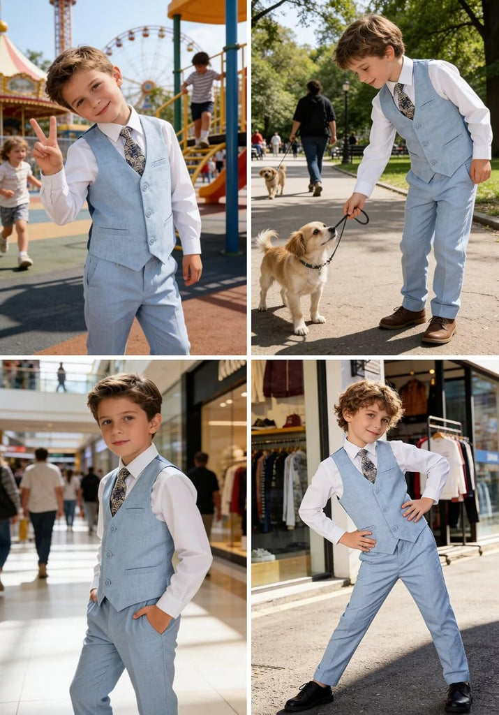 Boys Linen Suit 5 Piece Dress Tuxedo Kids Wedding Suits Vest Set