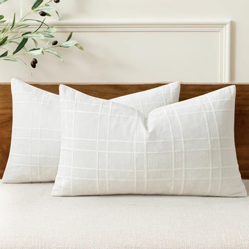 Linen Plaid Pillow Covers Decorative Lumbar 12x20 Cream White