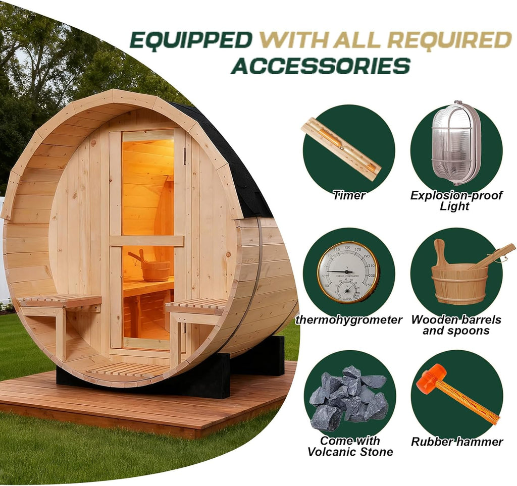 Outdoor Barrel Steam Sauna, 2-4 Person Canadian Pine Wood Saunas with Porch, Traditional Finnish Sauna Spa Room with