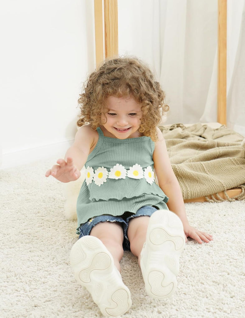 Toddler Girl Clothes Ruffle Daisy Sleeveless Tank Tops and Denim Shorts Girls Summer Outfits
