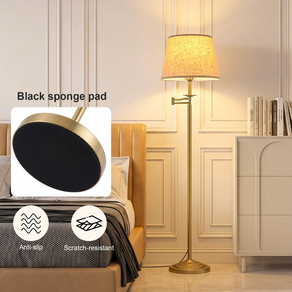 Gold Brass Swing Arm Floor Lamps with 3-Color Bulb, Eye-care Reading Light