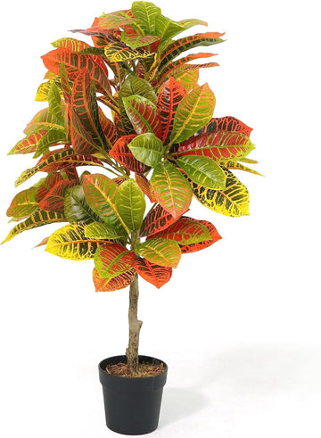 36 Inch Artificial Croton Tree Potted Plant - UV Resistant Faux Topiary Plant, Low Maintenance Realistic Indoor