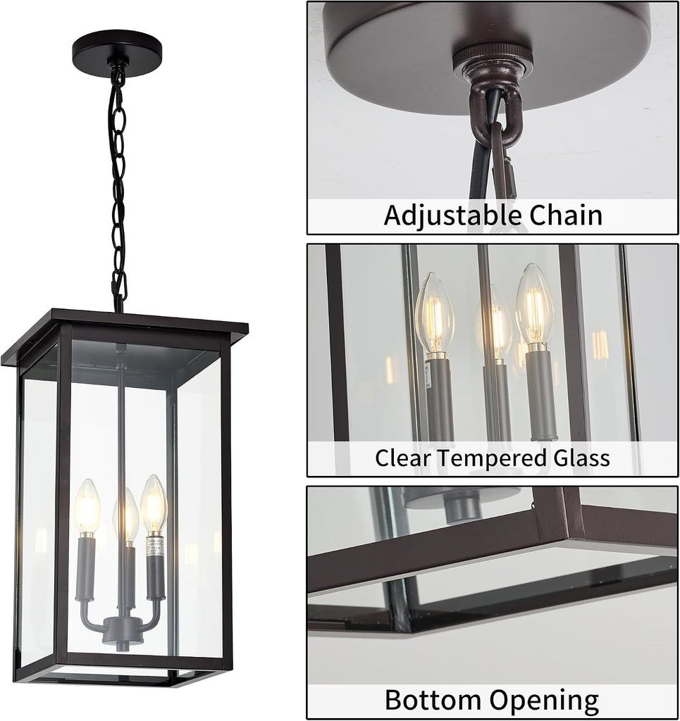 Large Outdoor Pendant Light Fixtures, Oil Rubbed Bronze 3-Lights Outdoor Ceiling Hanging Lanterns with Clear Glass