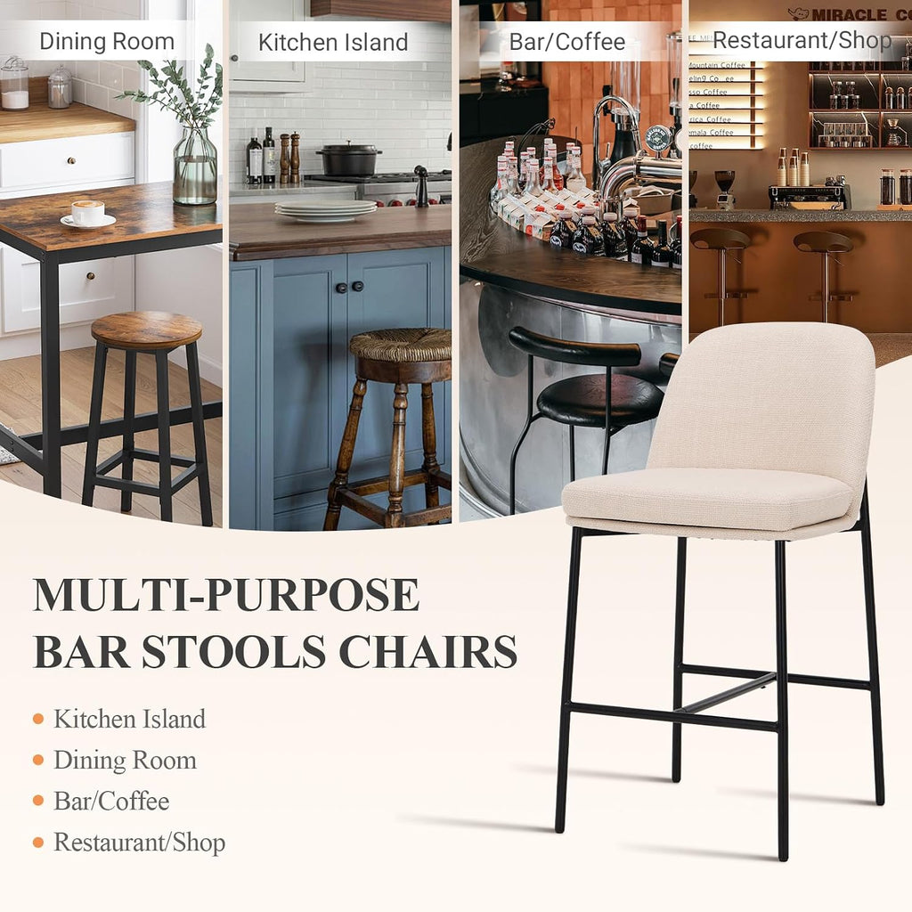 Counter Height Bar Stools Set of 2, 25 Inch Modern Fabric Kitchen Island Stools with Back, Upholstered Counter