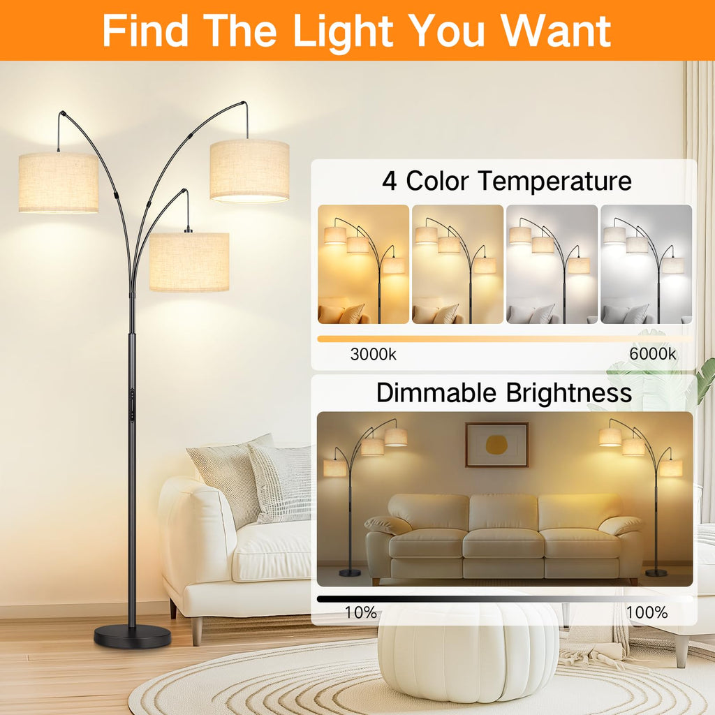 Arc LED Floor Lamp with Remote & Touch Control, Dimmable Modern Black 3 Light Arched Tall Floor Lamp, Mid Century