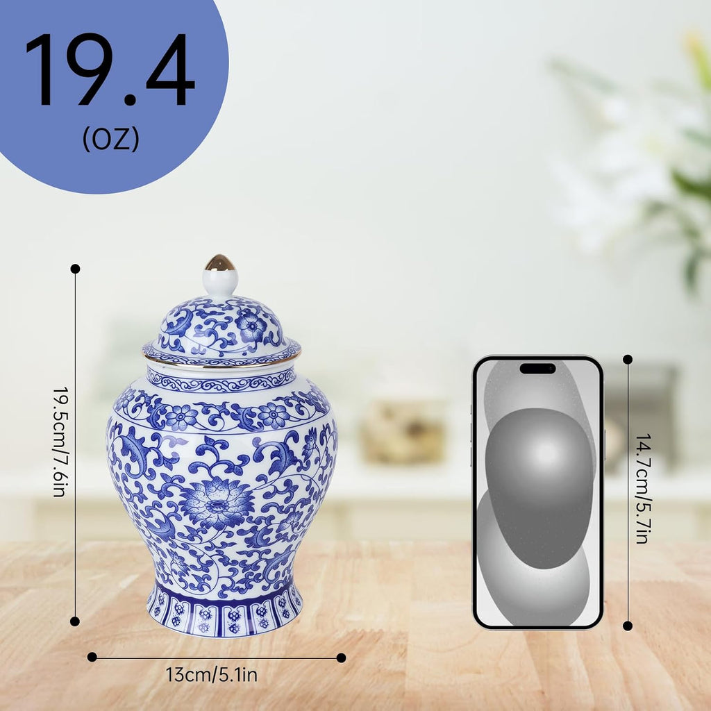 Chinoiserie Ginger Jar,7.6 Inch Ceramic Blue and White Ginger Jar w/Lid,Porcelain Ginger Jars Vase,Coffee