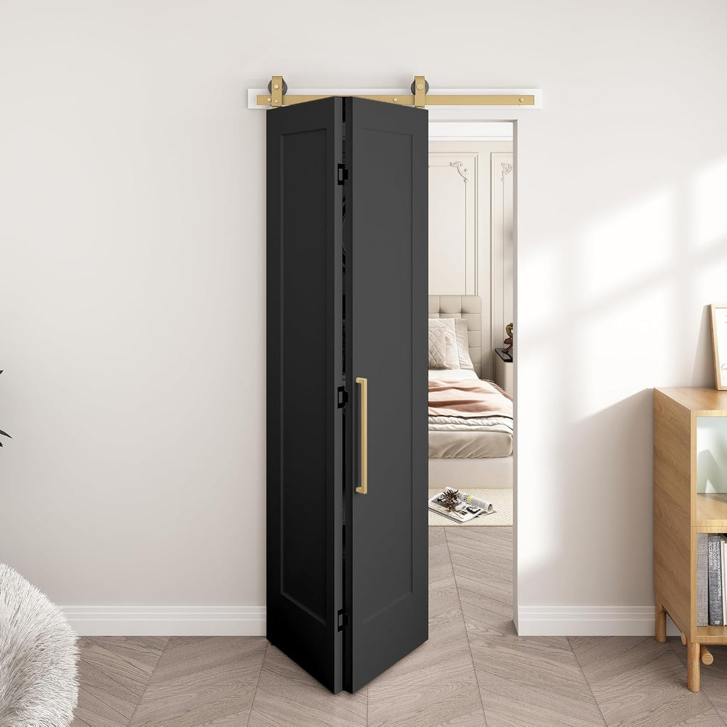 36 in.x 84 in. Bifold Barn Door, 1 Panel Vinyl Wrapped Textured Black Bifold Closet Door, Hollow Cor