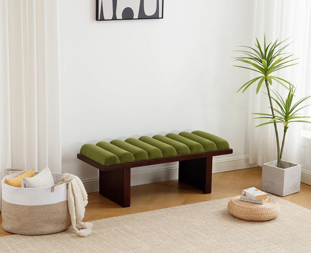 Green Velvet End of Bed Bench Upholstered Modern Ottoman Bench Comfy Padded Entryway Bench Seat with Thick