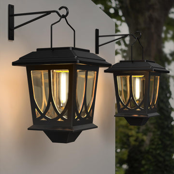 Solar Lanterns Outdoor Waterproof 2 Pack, Glass Auto On/Off LED Hanging Solar Lights, Outdoor Lantern with Wall Mount