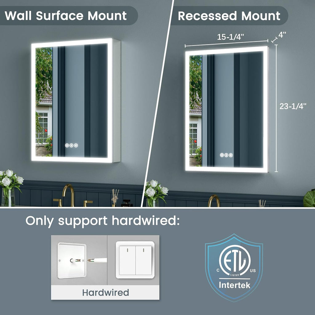 16x24 Inch Medicine Cabinet with Lights, Lighted Medicine Cabinet with Mirror, AL Alloy Frame, Hardwired, Recessed or