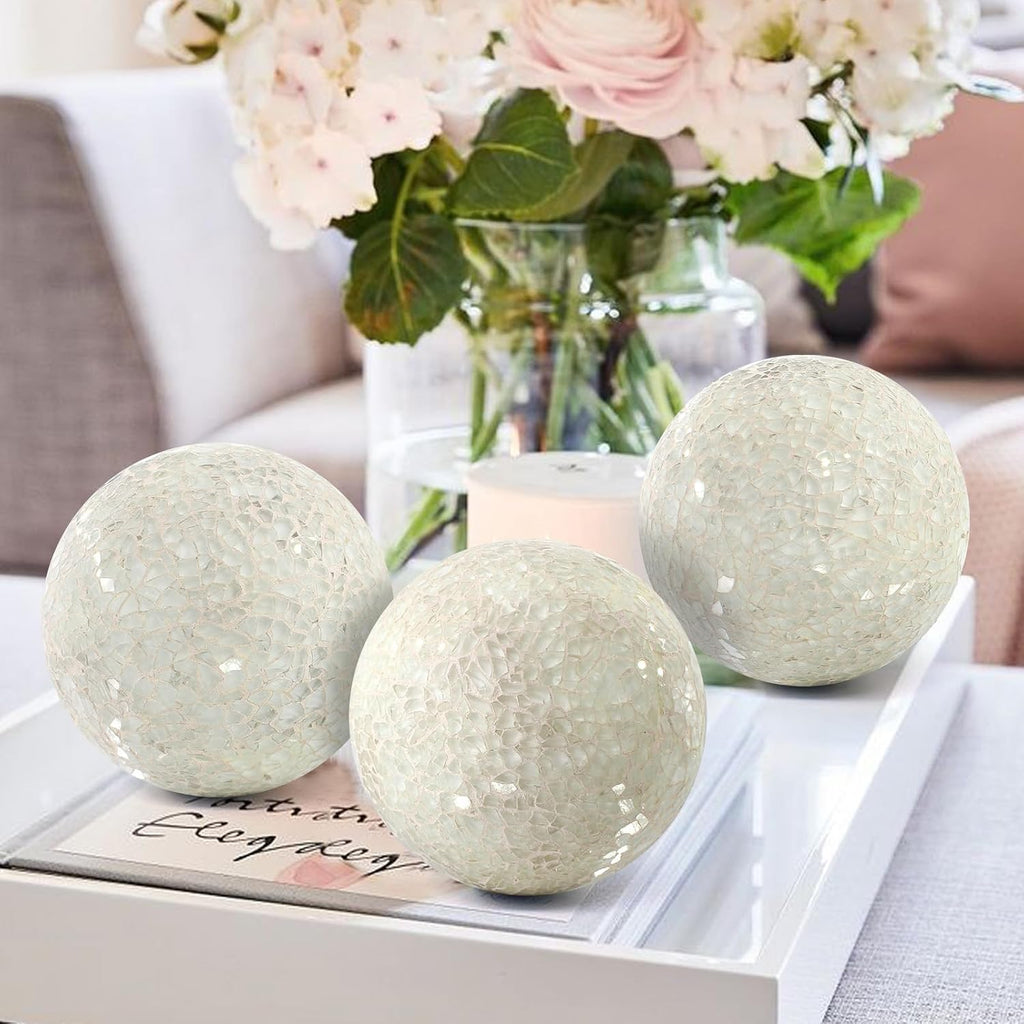 Mosaic Glass Orbs Decorative Balls 8.5cm/3.35inch Sphere Wedding Party Home Decor Table Centerpiece (White) - Set of 3