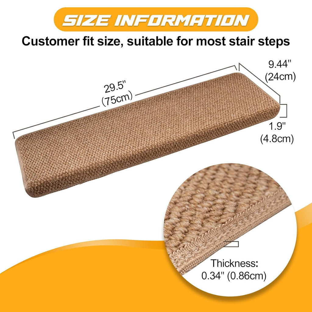Bullnose Carpet Stair Treads Faux Sisal for Wooden Steps Indoor | Set of 14 Anti Slip Indoor Staircase Protector Rugs