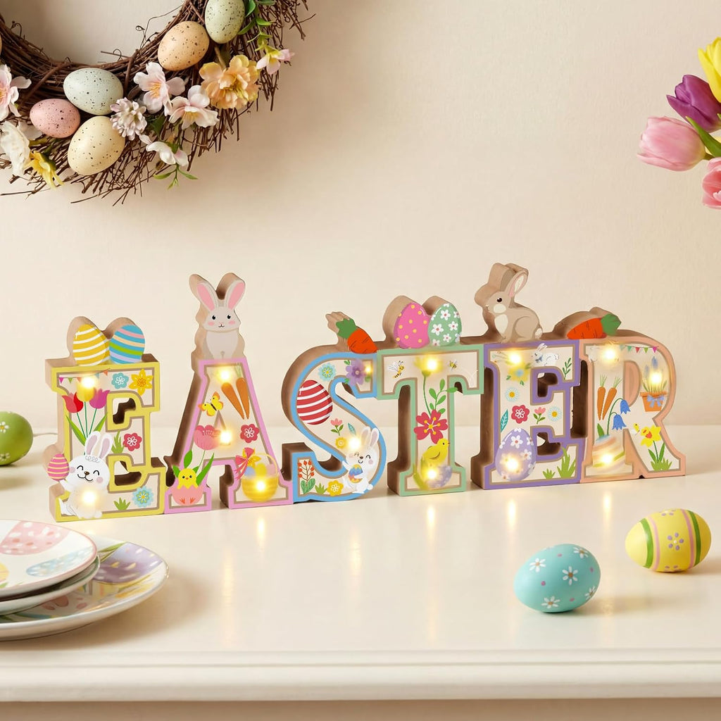 Easter Table Decoration Wooden Sign with LED Lights Easter Lighted Decor Rustic Farmhouse Table Centerpiece with 3D