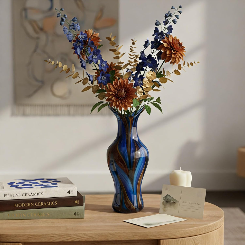 Handblown Art Glass Vase, 12.4" Tall Heavy Duty Decorative Flower Vase with Unique Swirl Pattern, Modern Murano Style
