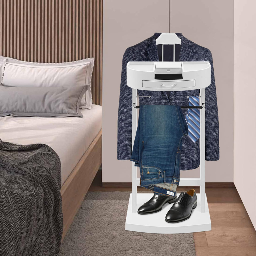 Wooden Valet Stand, Crescent Moon Valet for Men Freestanding Suit Clothes Valet with Drawer, Tray, Contour Hanger