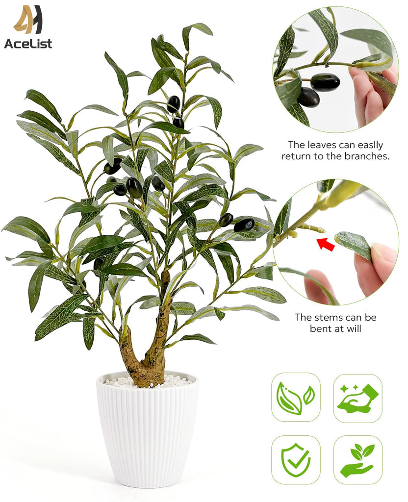 Faux Olive Tree, 16.9 Inches Small Fake Olive Trees with White Pot, Realistic Fake Tree Potted Plant and Lifelike