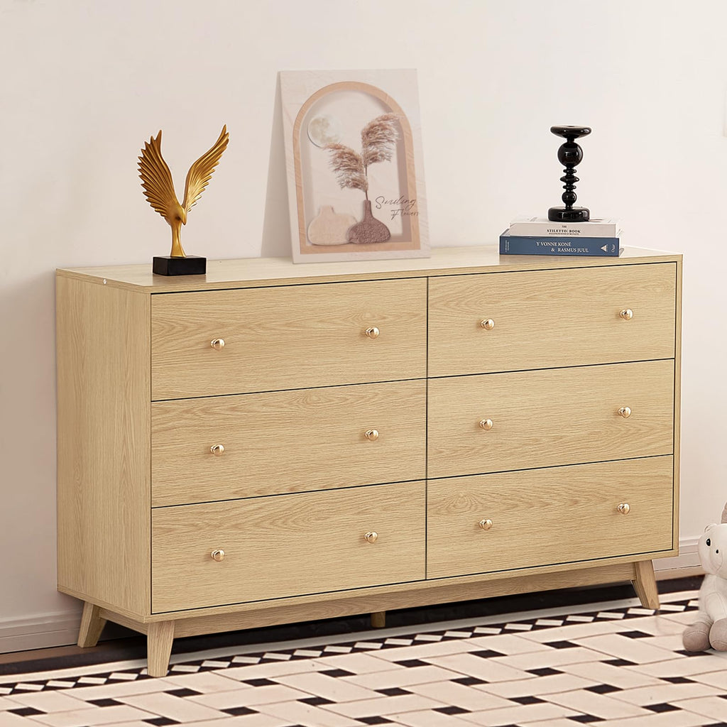 6 Drawer Dresser, Wooden Chest of Drawers with Sliding with Anti-tip Device, Modern Minimalist Dresser Chest, Closet