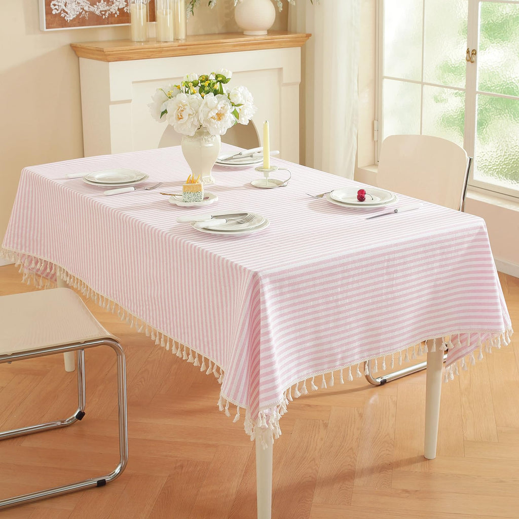 Striped Rectangle Tablecloth, Cotton Blend Fabric Pink Table Cloth with Tassel, Washable Wrinkle Free Table Cover